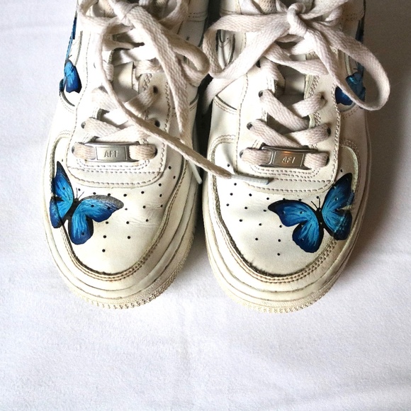 NIKE Air Force One White Customized Blue Butterfly Youth 4.5 (EU 36.5) - Picture 8 of 14